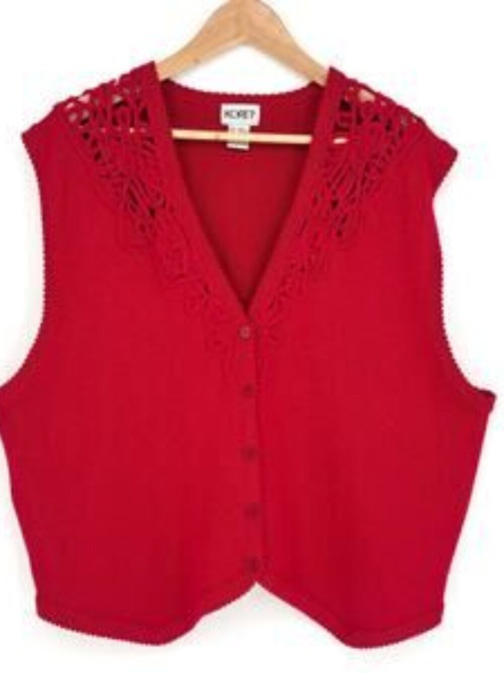 Red Wool Blend Crochet Knit Sweater Cardigan Vest
